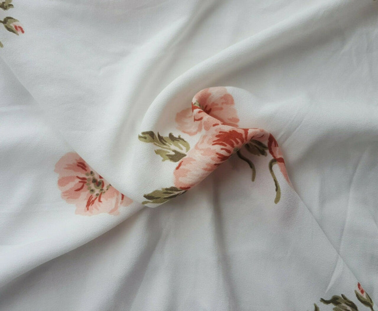 1 Yard Rayon Crepe Blush Flowers on White Lightweight Drapey Apparel Fabric